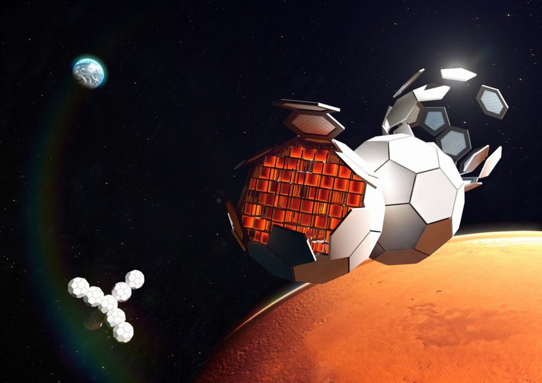 Artist's depiction of a future Tesserae self-assembling space station in orbit around Mars.
